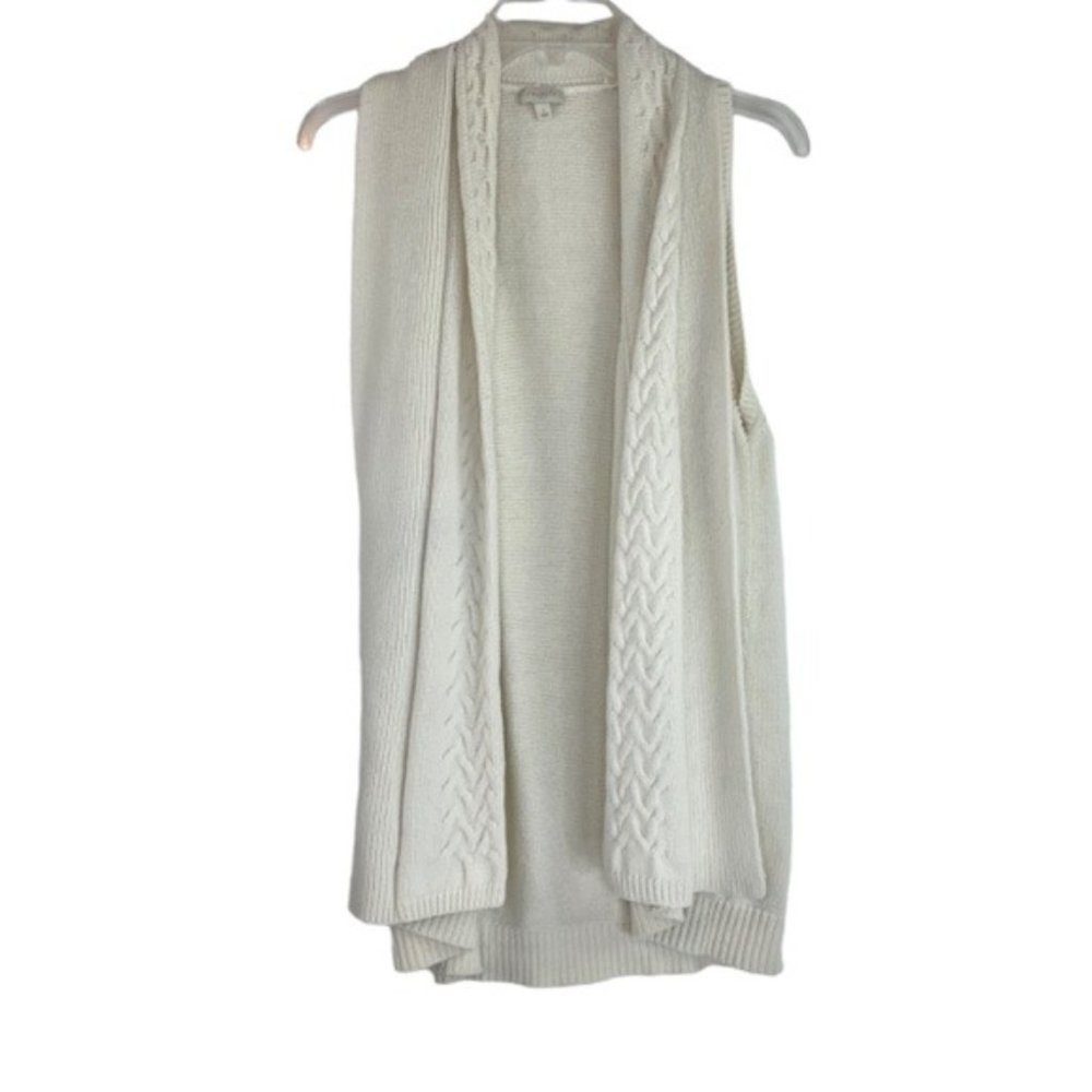 Talbots White Open Front Cardigan Sleeveless with Cableknit Detail